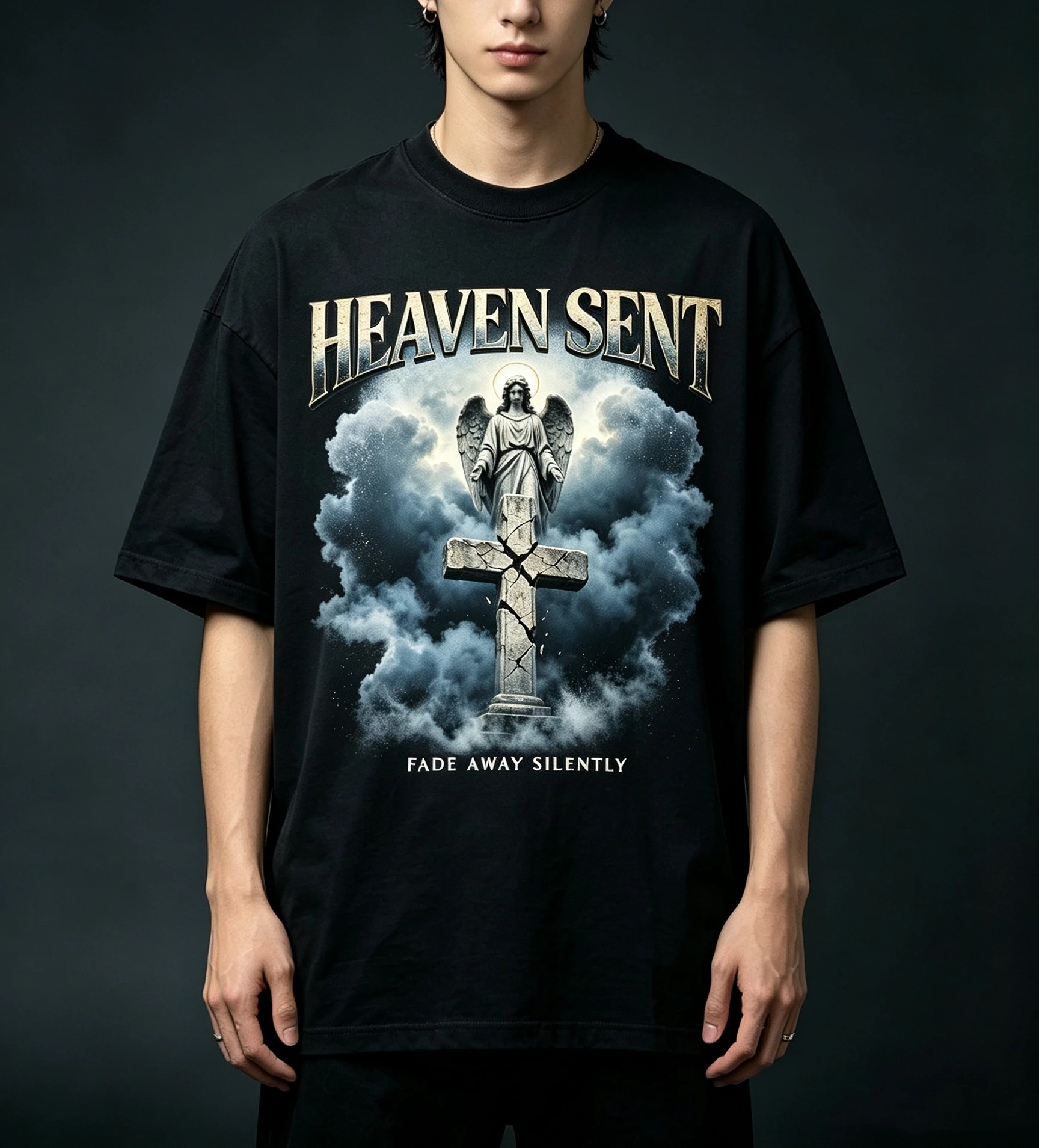 Unisex Heaven Sent Angel Broken Cross Graphic T Shirt Men Women Fade Away Silently Dark Cloud Vintage Print Oversized Crew Neck Short Sleeve Casual Streetwear Cotton Top