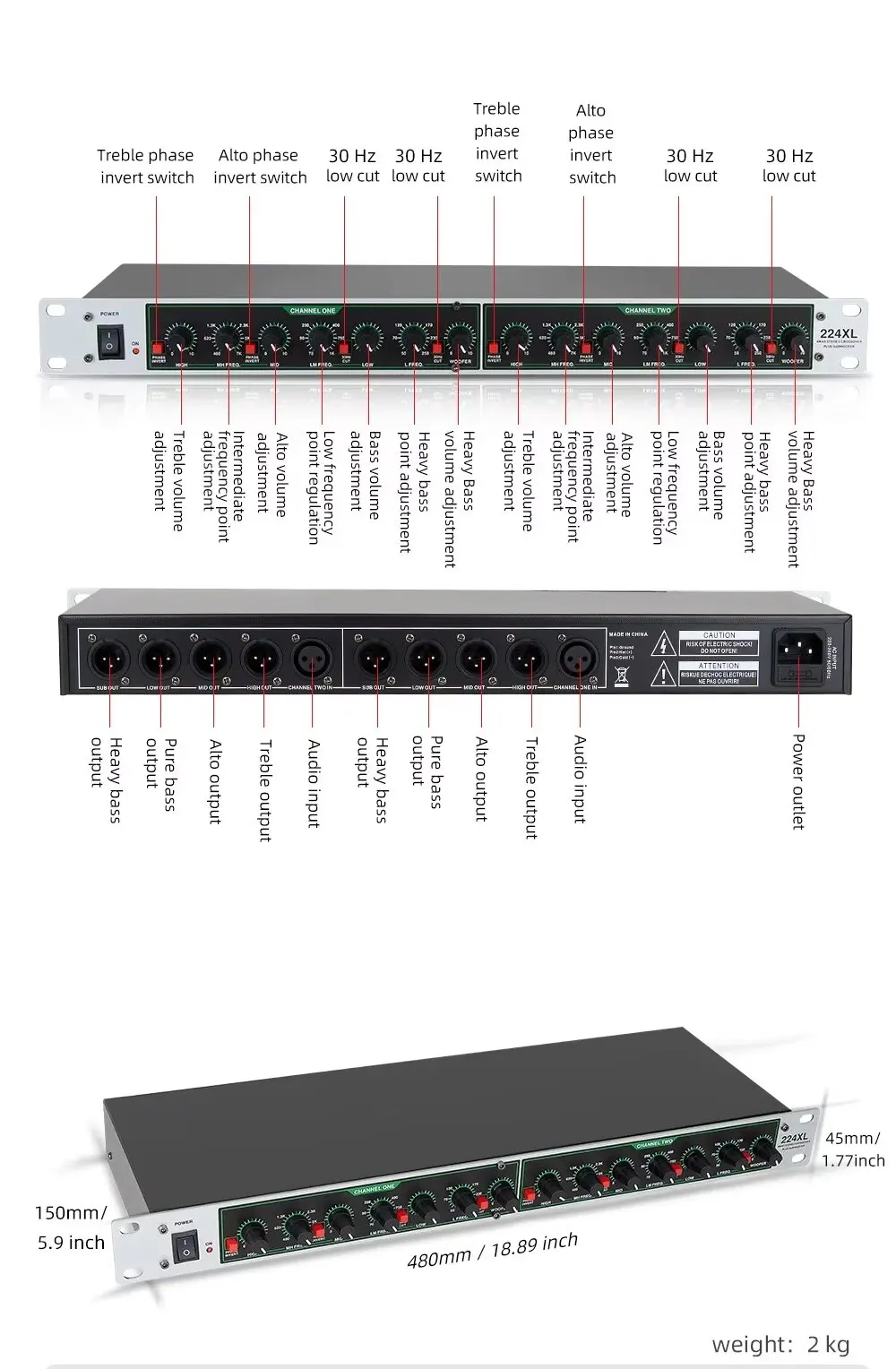 224XL Professionelle 2-Wege-Stereo-4-Wege-Mono-Audio-Crossover mit Hochpassfilter Subwoofer Bühne DJ Sound System Lautsprecher