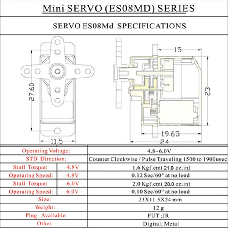 4 pz EMAX Servo ES08MD 08MD11 Con Metal Gear Servo Digitale 12g Coppia 2kg Mini JR Spina Per RC Elicottero Aereo Aereo