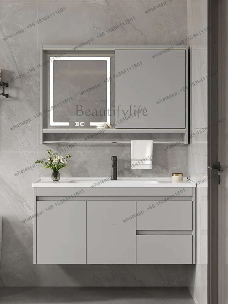 Push-pull hidden feng shui mirror solid wood bathroom cabinet combination ceramic integrated basin face wash basin