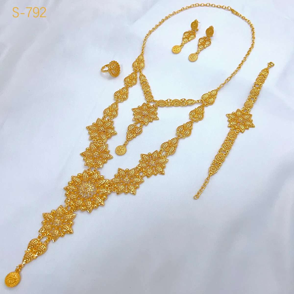 Luxury Dubai 24K Gold Color Long Necklace Set Nigerian Party Bridal Wedding Ethiopian Indian j=Jewellery Wholesale New Gifts