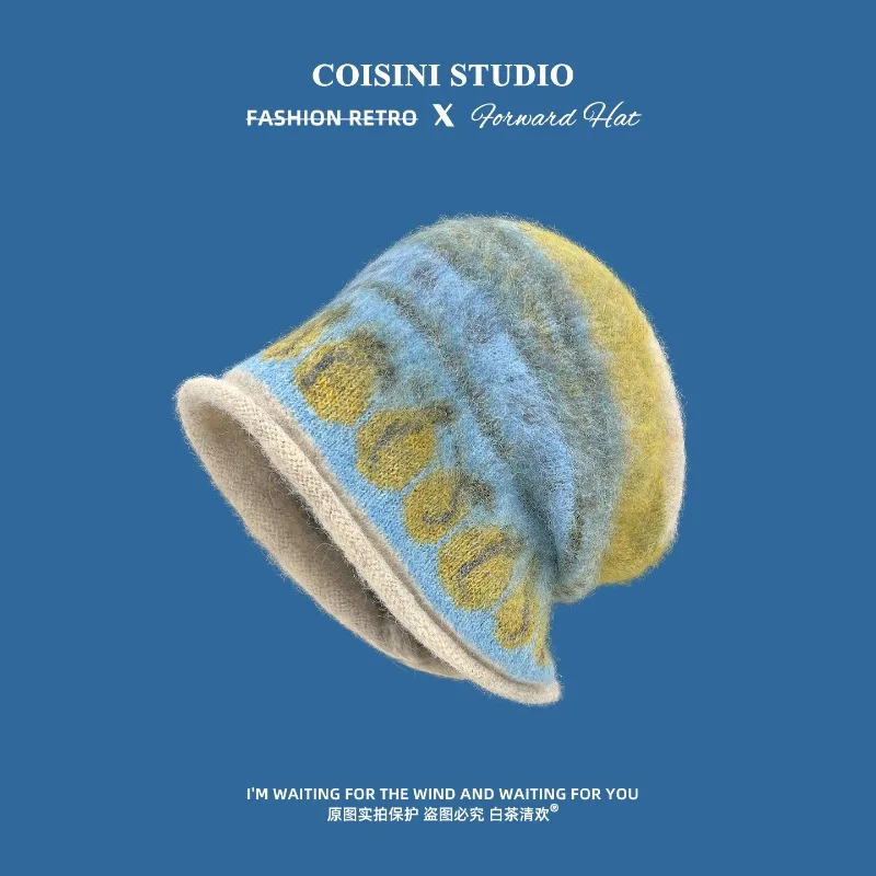 Neue Fel Island Style Retro-Strickmütze mit gerolltem Rand für Damen, Herbst- und Wintermode, warme Ohrenschützer, Beanie-Mützen – Detail 1