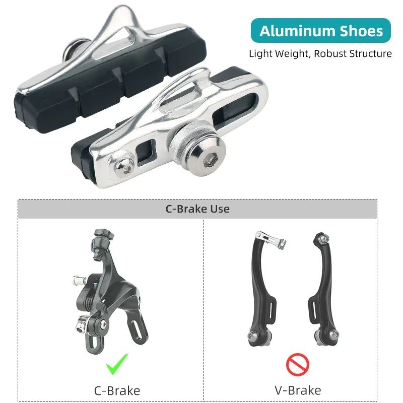 Road Bike Caliper Brake Blocks for Metal Rim C Clamp Wheel Friction Pads Replacement Bicycle Alum. Shoes W/ Inserts Low Noise