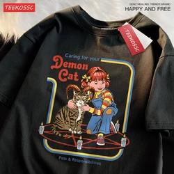 Caring For Your Demon Cat Tshirts Male Fashion Cotton T-Shirt Loose Tee Clothes Harajuku Casual Oversized Couple Tops Streetwear