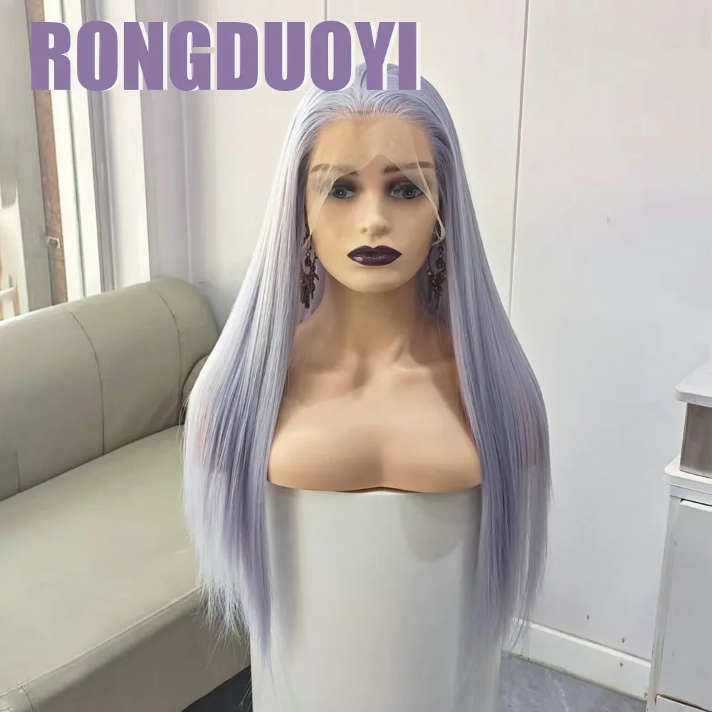 RONGDUOYI Icey Grey Hair Synthetic Wig Silk Straight Heat Resistant Lace Front Grey Color Hair for Women Cosplay Makeup Wear