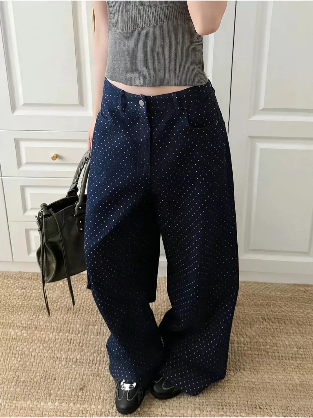 

Y2K Spring Jeans Blue Polka Dot Curved Knife Wide Leg Loose Drape Casual for American Women