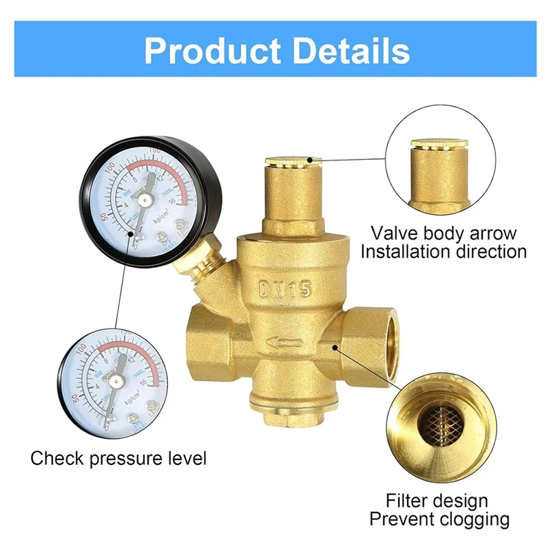 ABGR-Water Pressure Regulator 1/2 Inch With Gauge, Hardness Brass, Adjustable Water Pressure Reducing Valve Water