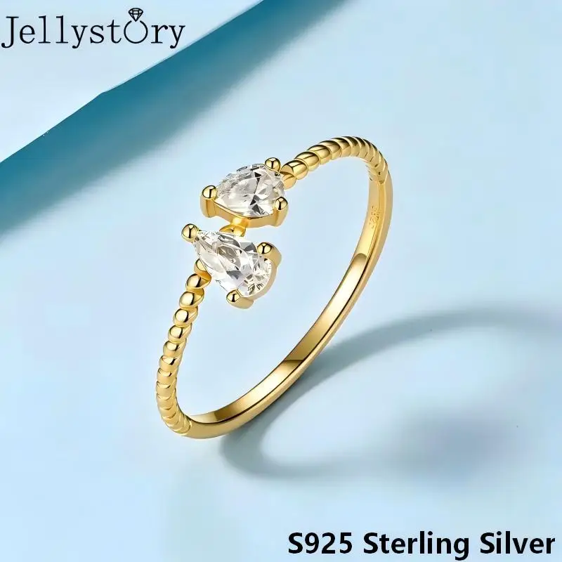 JellyStory Bestseller Teardrop Moissanite Ring S925 Silver Double Stone Thin Band Exquisite Light Luxury Jewelry for Women