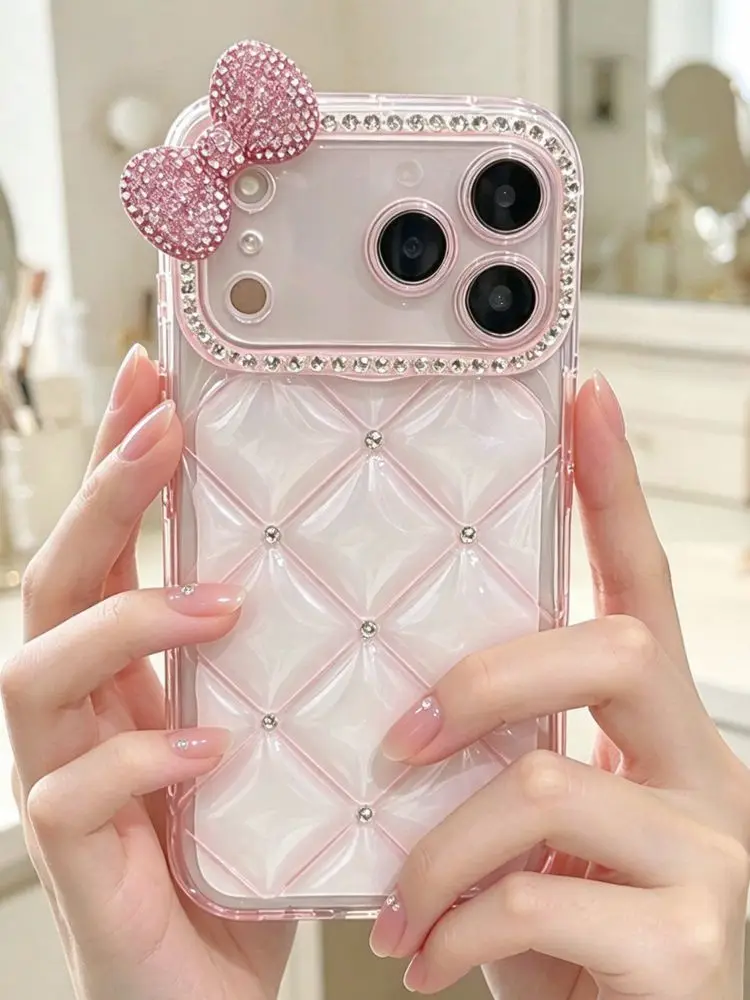 Cute Rhinestone Bow Case For iPhone 18 17 Pro Max 15 16 Coquette Bling Diamond Quilted Cover 13 14 Full Protect Cover