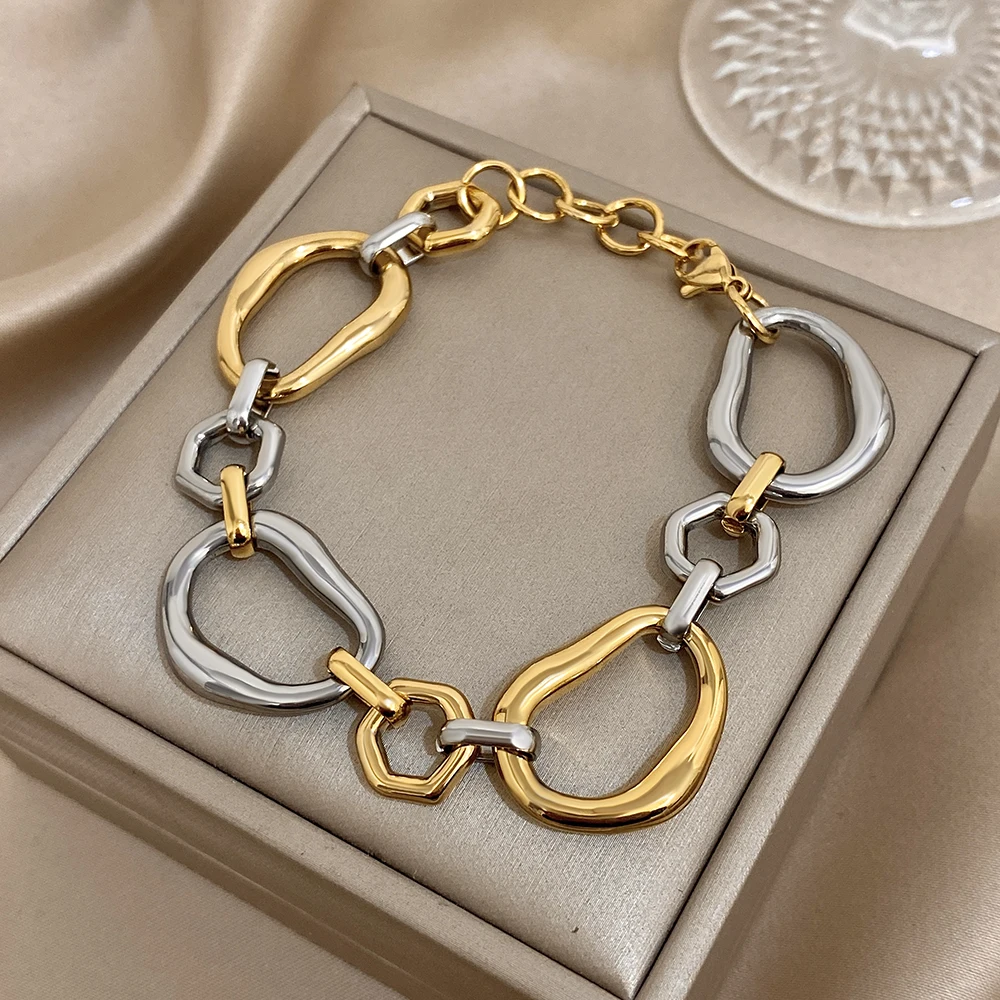 Chunky New Trend Gold Silver Color Hollow Geometry Shaped Stainless Steel Unique Bracelet Statement Waterproof Fashion Jewelry