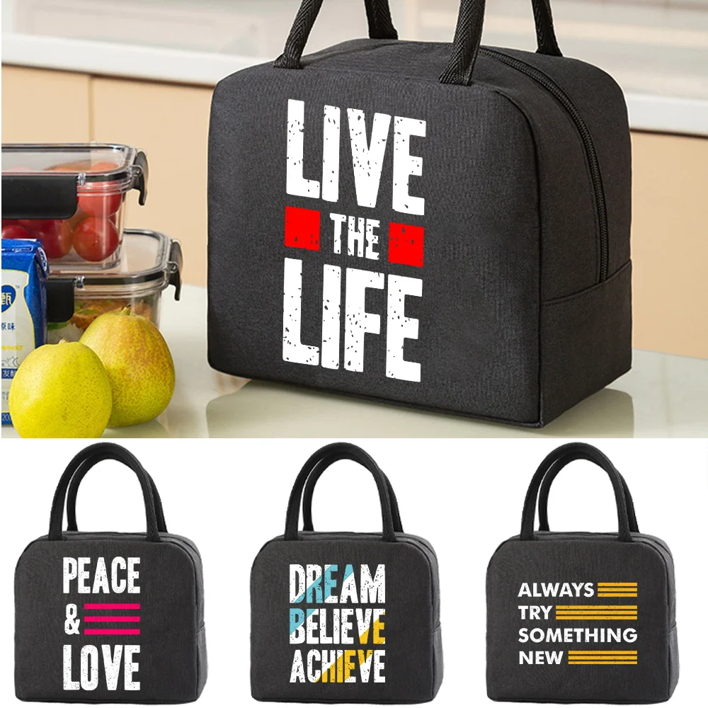 

Fresh Cooler Bags Canvas Portable Travel Zipper Thermal Phrase Print Lunch Bags for Women Convenient Lunch Box Tote Food Bags