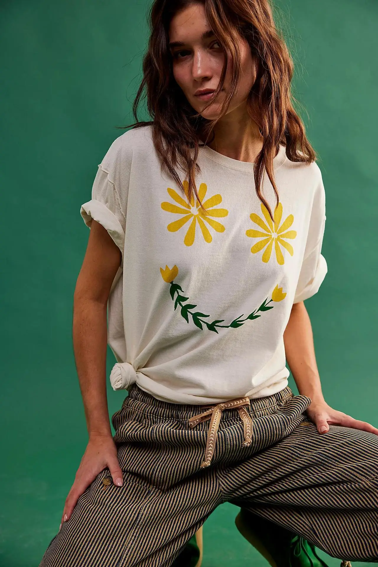 

T-shirt Women Short Sleeve T Shirt Casual Slim Daisy Print Tee Tops Summer O-Neck Casual All-Match Clothing Fashion Streetwear