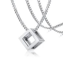3D Square Pendant Necklaces for Men Boys,Hollow Geometry Stainless Steel Pendant Collars,Trendy Male Jewelry Gifts
