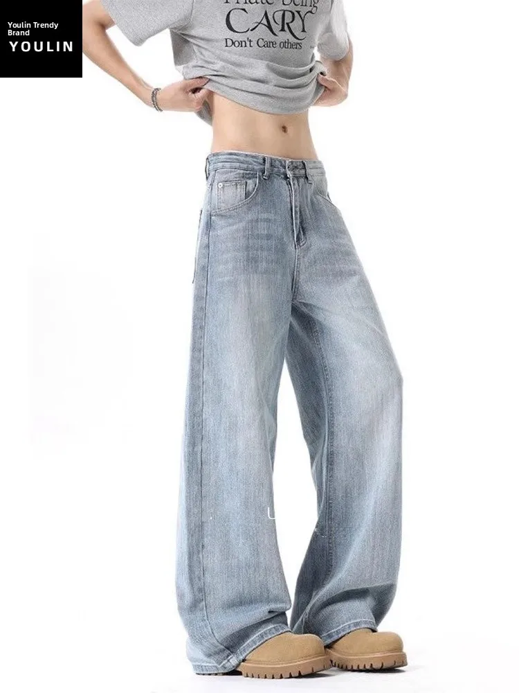 

Ice Blue Extended Straight Leg Men's Jeans High Waist Low Rise Flared Pants Casual Vintage Sle Polyester Denim Casual Wear