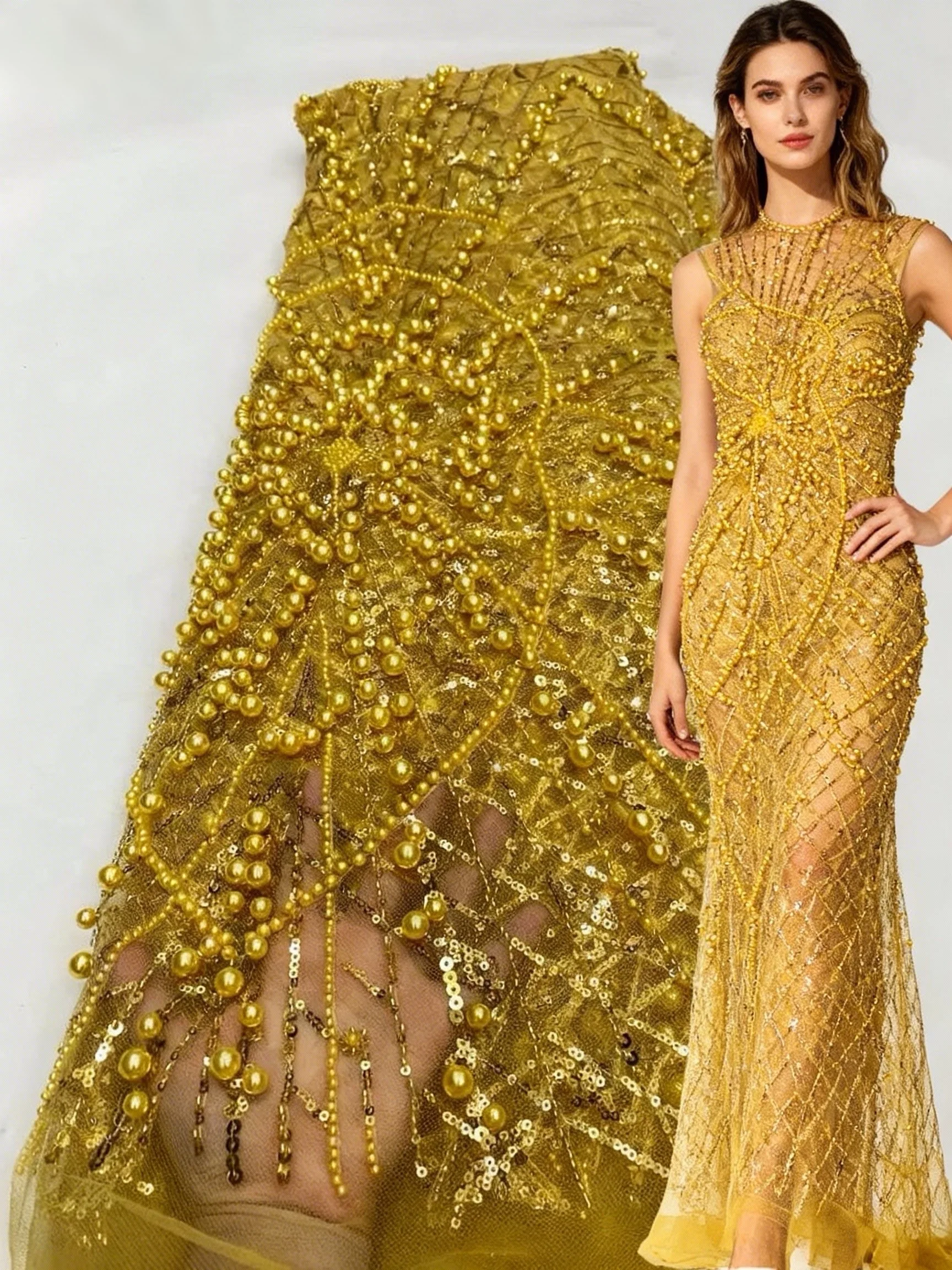 

Gold African Heavy Big Beads Lace Fabric 2025 High Quality 5 Yard Nigerian Sequin Fabric French Material For Wedding Party Dress