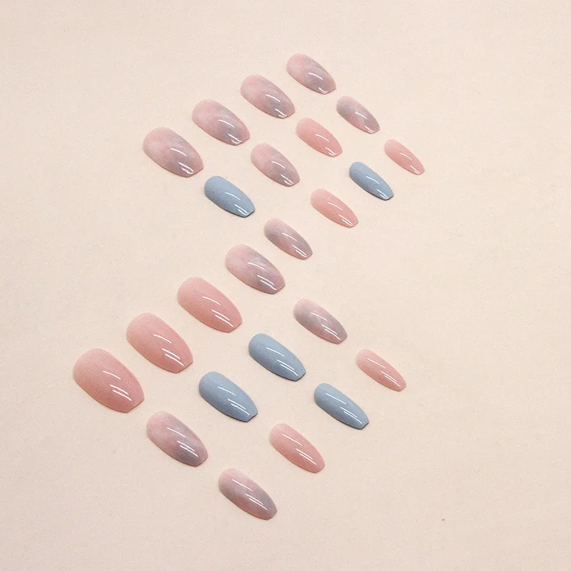 24pcs Short Ballet Pink Blue Marbled Summer Press on Nails Artificial False Nails Square Acrylic Medium Fake Nails Set Manicure