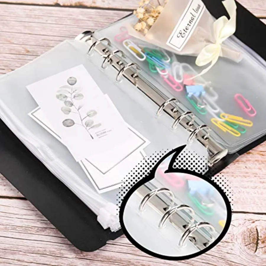 60 Packs A6 Size 6 Holes Binder Pockets Plastic Binder Zipper Folde Waterproof 6 Holes Zipper Loose Leaf Bags for Documents Not