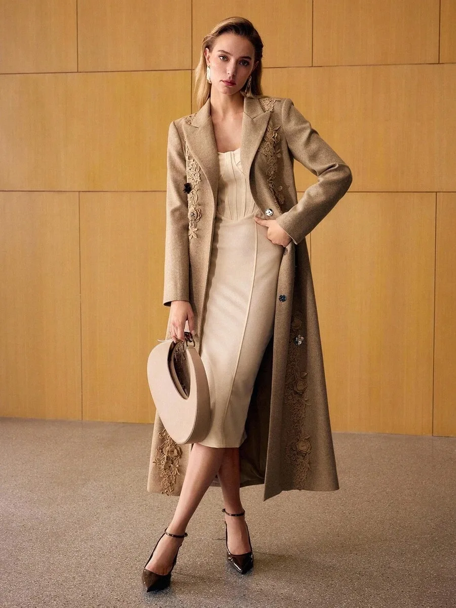 Elegant Women's Formal Dresses Suit Gowns Appliques Lace Long Over Jacket Coat For Female with Belt Single-Breasted Customized