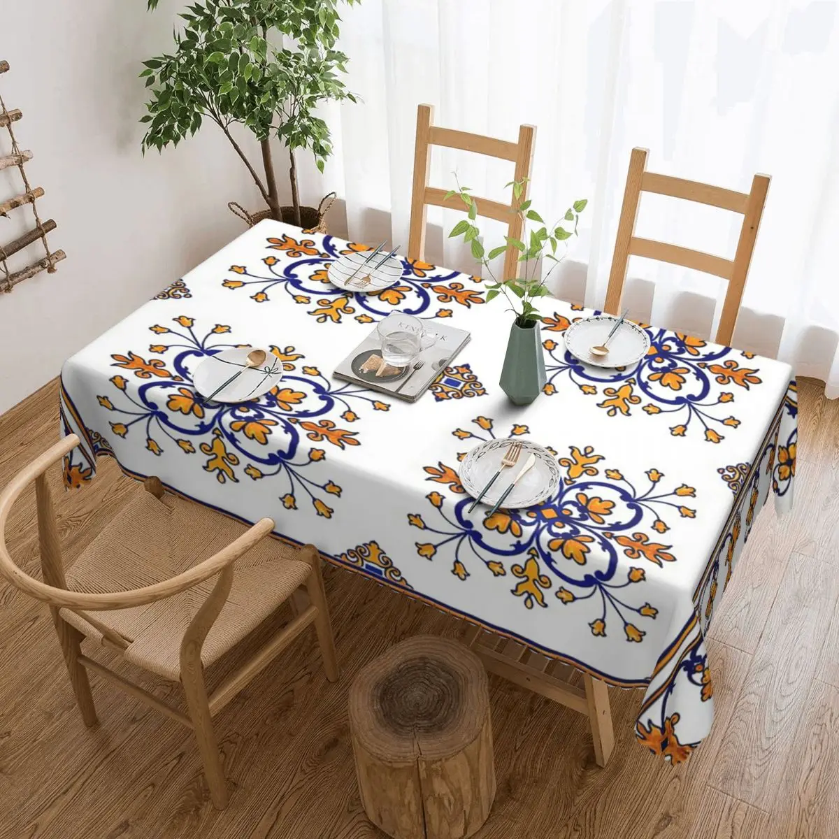 

Traditional Portuguese Azulejo Blue Orange Floral Tile Pattern Rectangular Tablecloth Table Cover for Dining Events Table Cloth