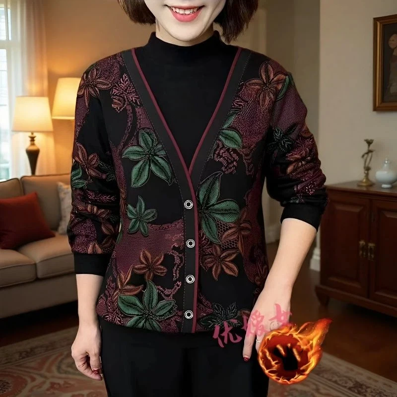 Women's Flannel Lined Floral Base Layer Elegant Fake Two Piece Mid-Age Mother Winter Tops