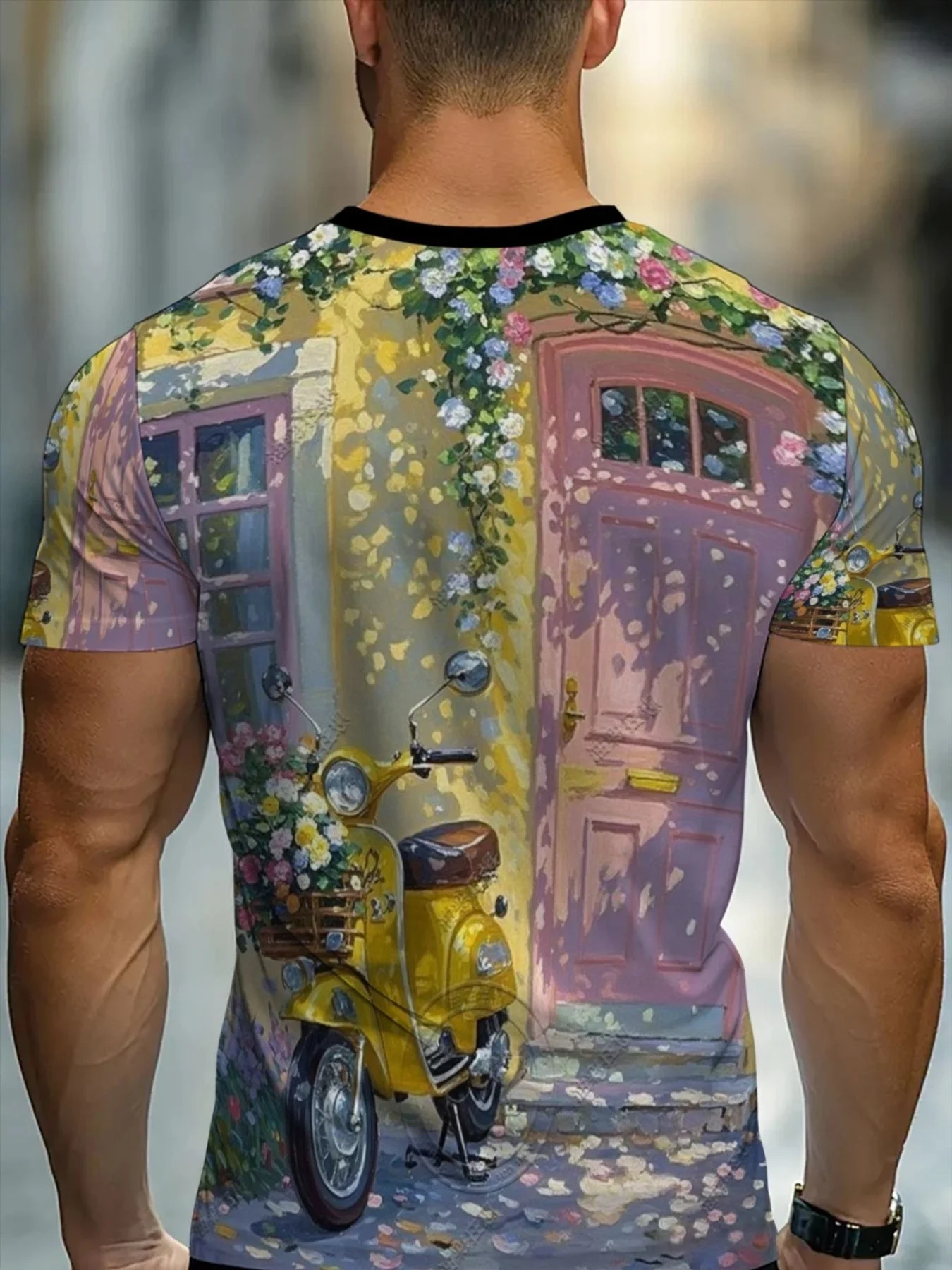 Men Vintage Oil Painting Yellow Scooter Pink Door Floral Town Street Full Print Black Trim Crew Neck Short Sleeve Tee