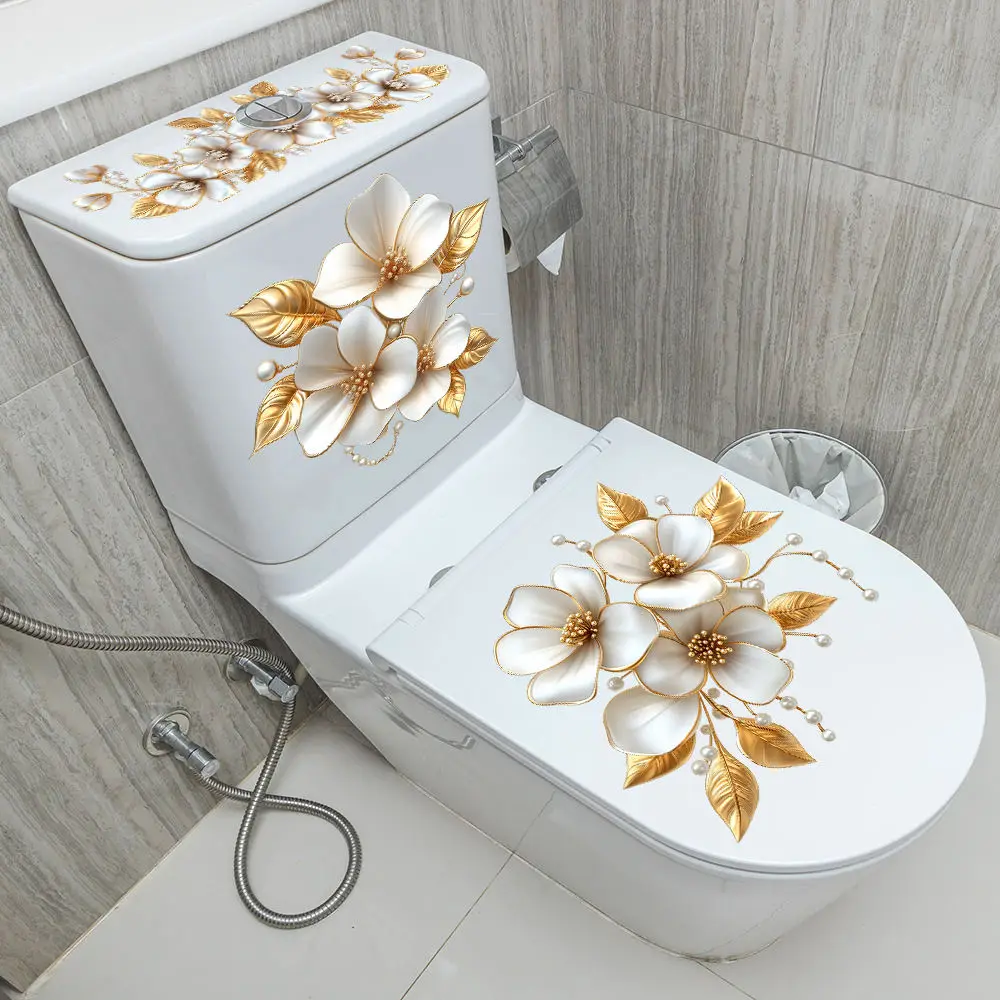 Beautiful Gold Foil Pearl Magnolia Toilet Decor Sticker Luxury Bathroom Art Decal Waterproof Mural Home Improvement Cover