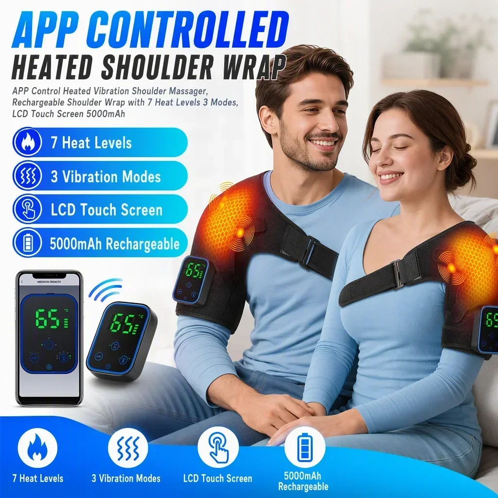 APP Control Heated Vibration Shoulder Massager, Rechargeable Shoulder Wrap with 7 Heat Levels 3 Modes, LCD Touch Screen 5000mAh