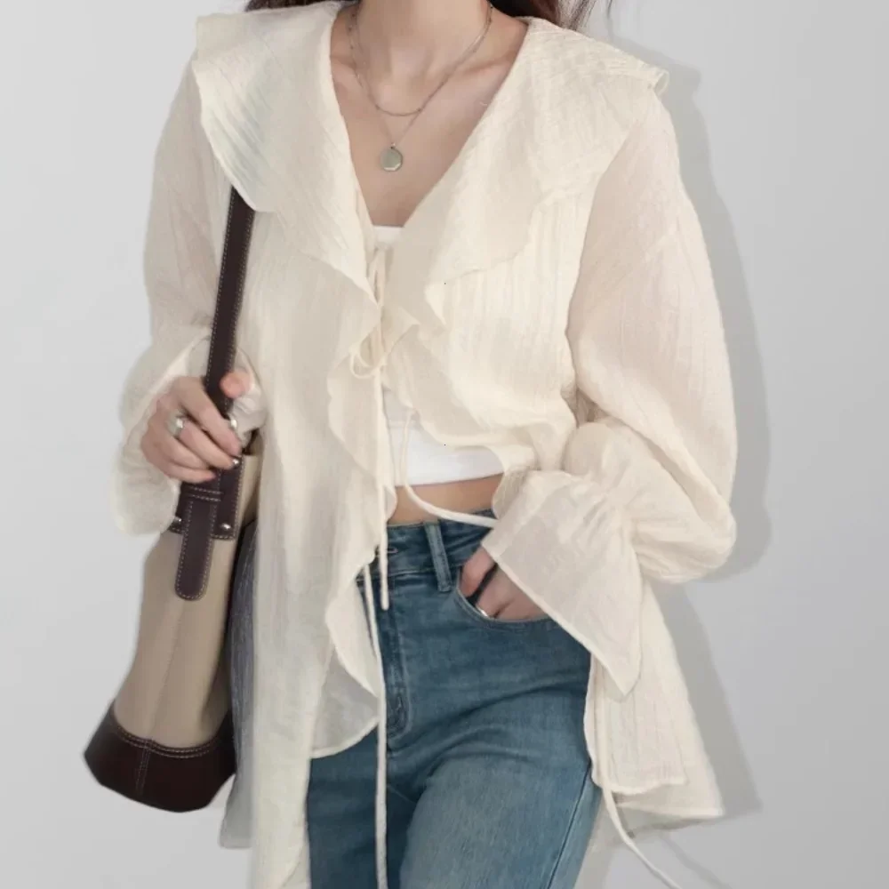 Koszula damska luźna na co dzień z marszczonymi krawędziami bluzki damskie V Neck zasznurować średniej długości koszule damskie wiosna lato 2025