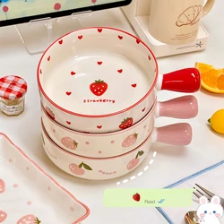 Kawaii Strawberry Peach Bowl Plate Ceramic Fruit  Salad Noodle Ramen Kitchen Bowl With Handle Tableware Gift For Kids Girl Women