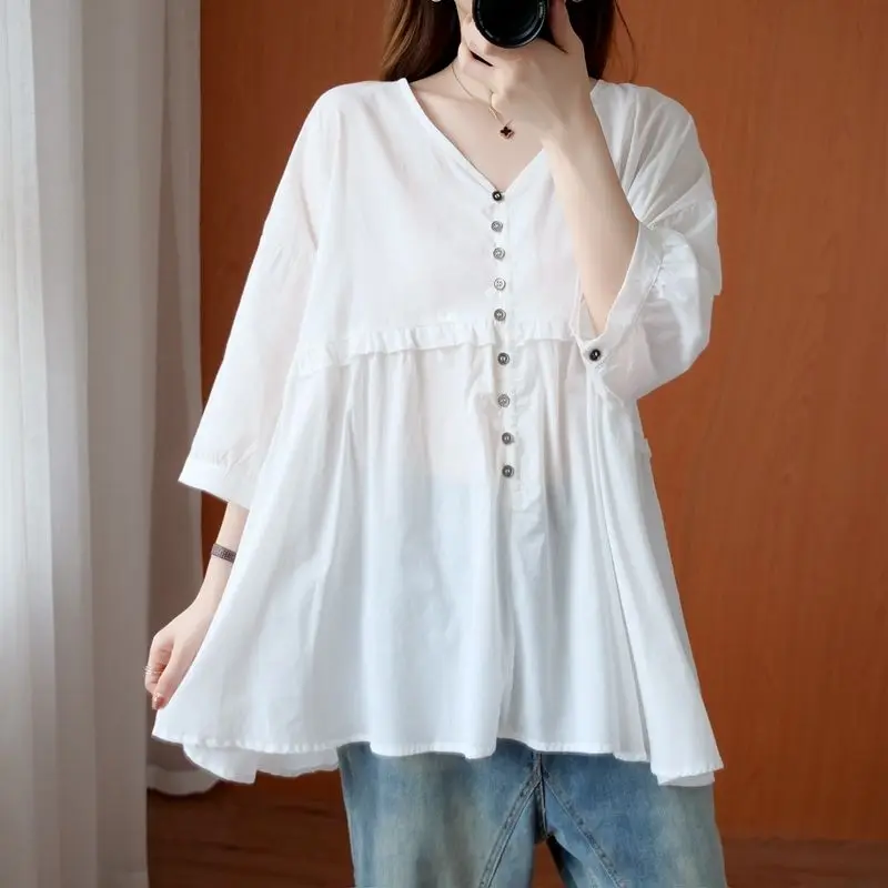 

Women's Clothing V-neck Summer Thin Loose New Pullovers Simplicity Button Short Sleeve Solid Comfortable Fashion Casual T-Shirts