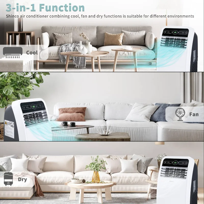 مكيف هواء محمول Shinco بقدرة 8000 وحدة حرارية بريطانية، وحدة تيار متردد محمولة مع وحدة تبريد مدمجة ومزيل الرطوبة ووضع المروحة
