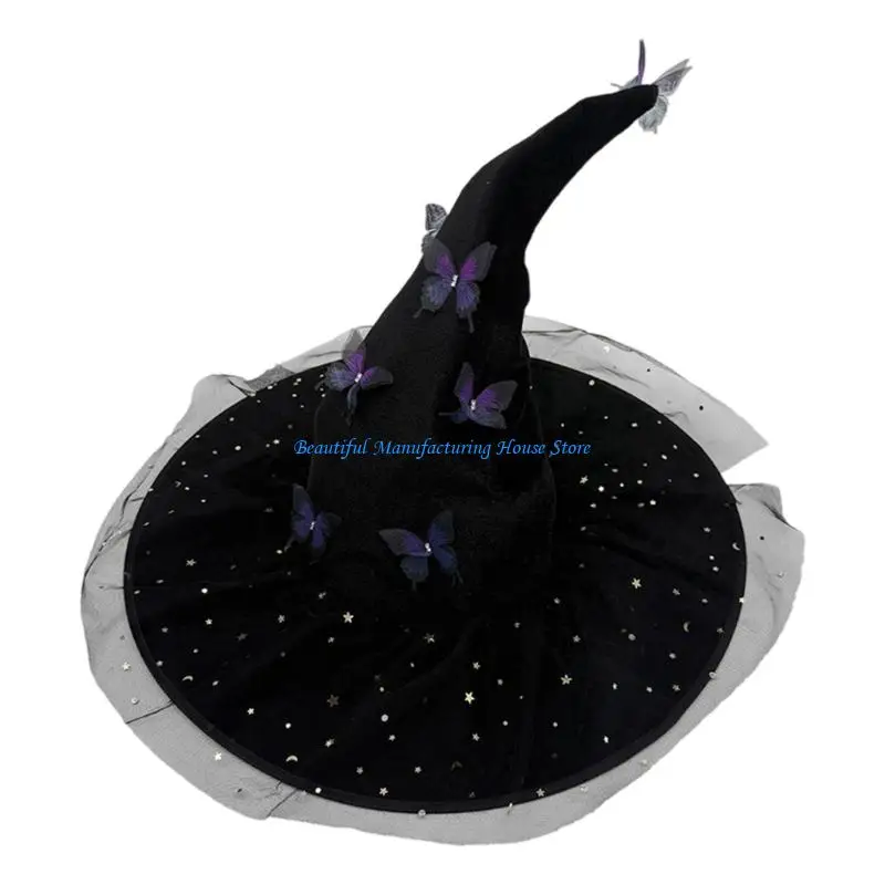 E56A Crinkle Foldable Witch Hat 3D Butterfly Embellishment Adjustable Head Size 43cm 2