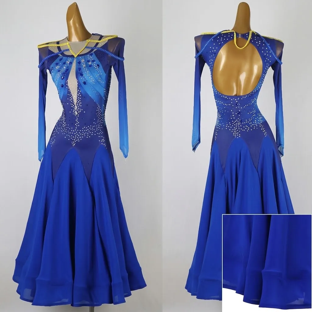 Gradient Royal Blue Rhinestone High Collar Waltz Ballroom Dance Dress Women Open Back Long Sleeve Quickstep Competition Costumes