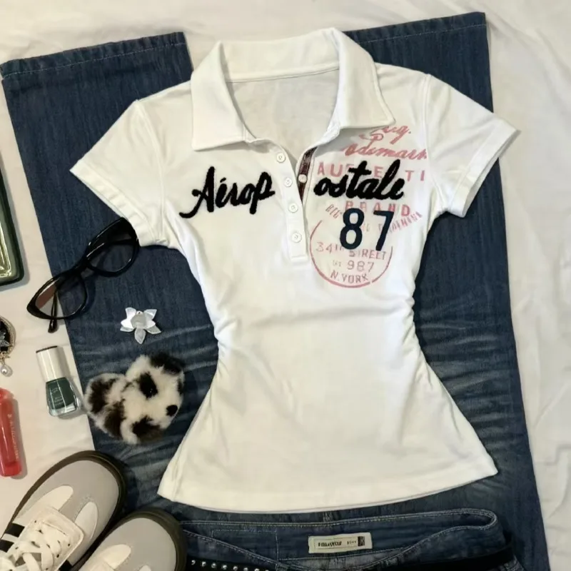 

Y2K Women Clothing Vintage Letter Printed Short Sleeve T-shirt 2025 Polo Neck T Shirts White Casual Chic Fashion New Tees Tops