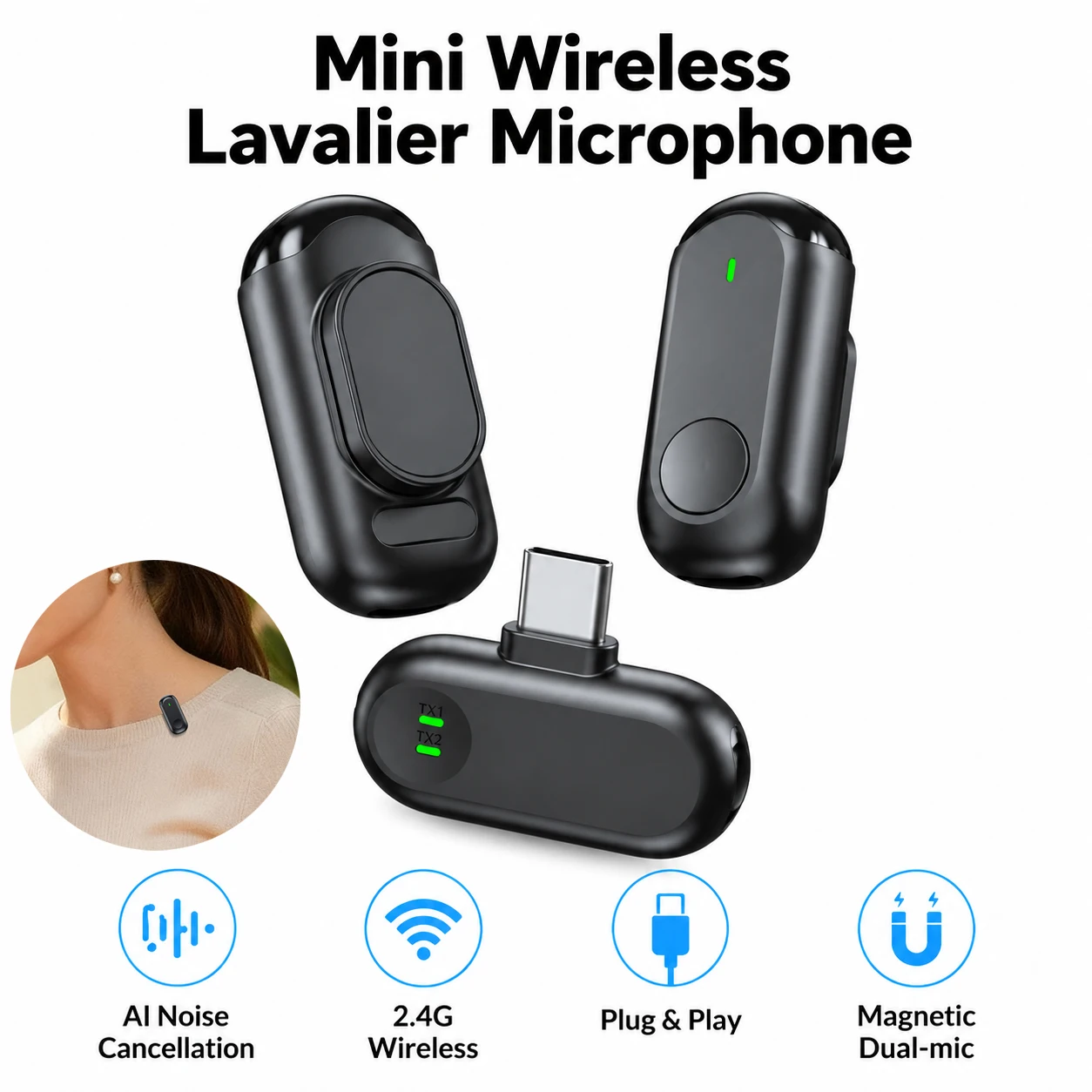 2.4G Wireless Microphones with Magnetic Dual-mic for iPhone Android Type-C Lapel Mic for Vlog Recording Live Streaming Equipment