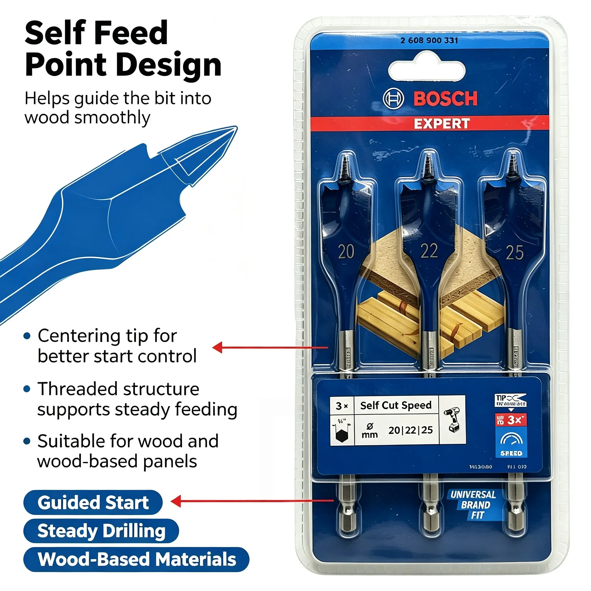 Bosch Expert Series Drill Bits 152mm Long Expert Selfcut Speed Flat Milling Drill Bit Set for Woodworking Drilling Power Tools