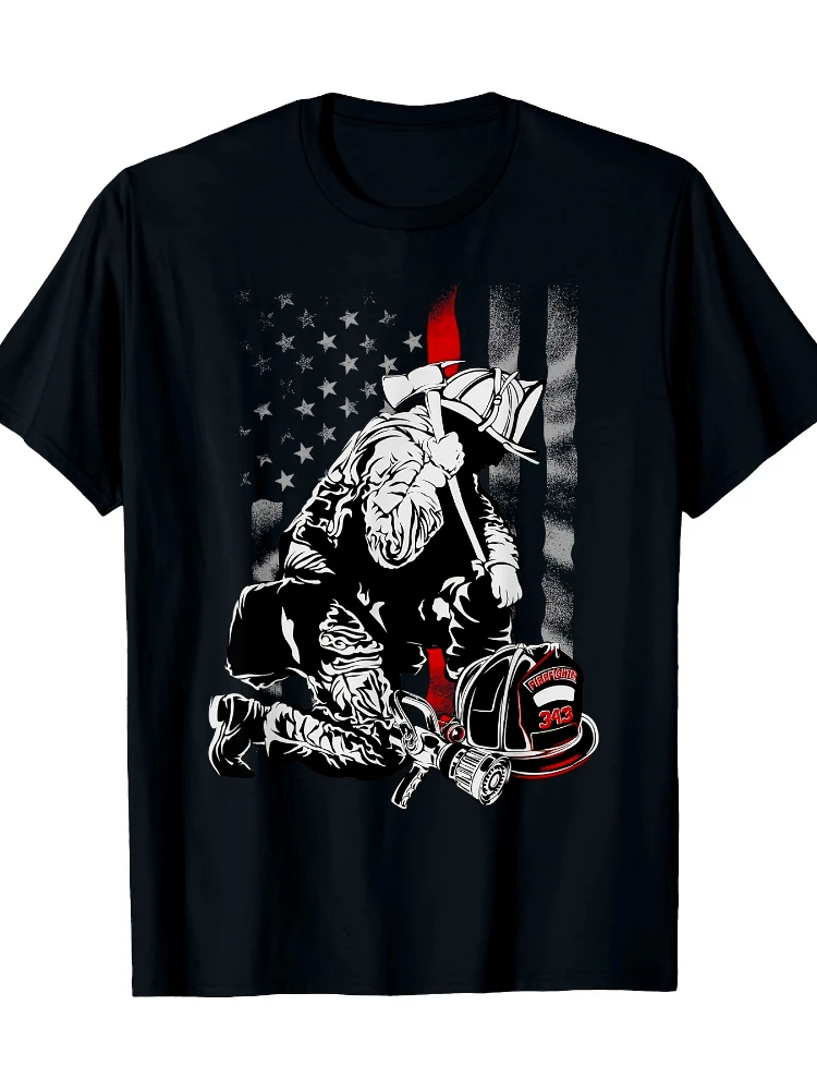 Fallen Fireman American Flag Thin Red Line Firefighter pattern design-100% cotton O-neck short sleeve printed men's T-shirt.