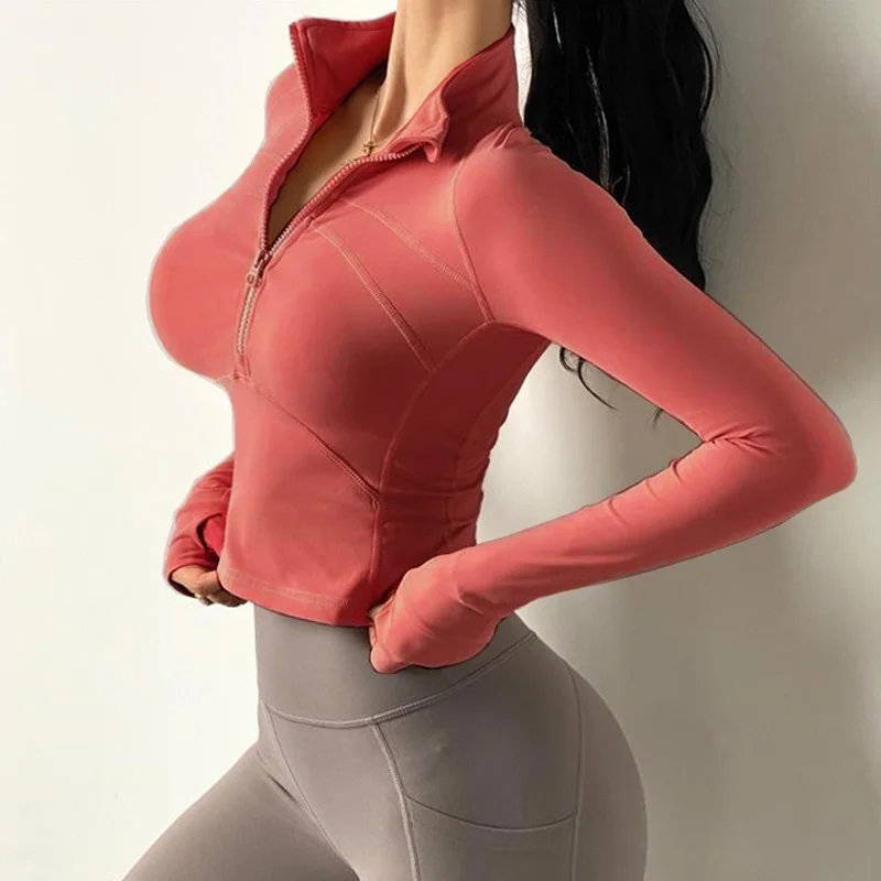 Nuvem esconder sexy zíper camisas de yoga para mulheres outono inverno blusa de manga longa esportes ginásio fitness topo meninas camiseta camisa de treino