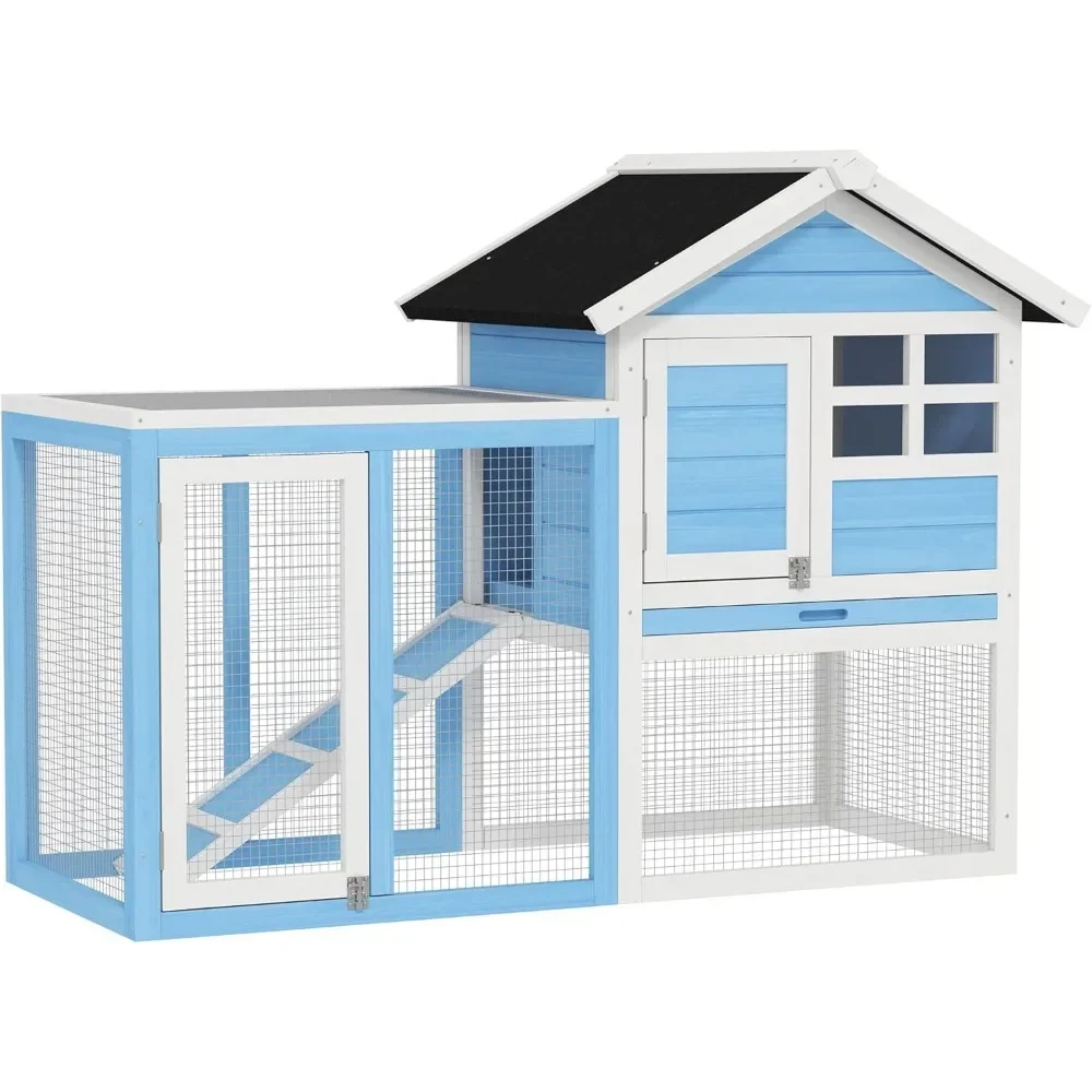 

48" Wooden Rabbit Hutch Bunny Cage with Waterproof Asphalt Roof, Fun Outdoor Run, Removable Tray and Ramp