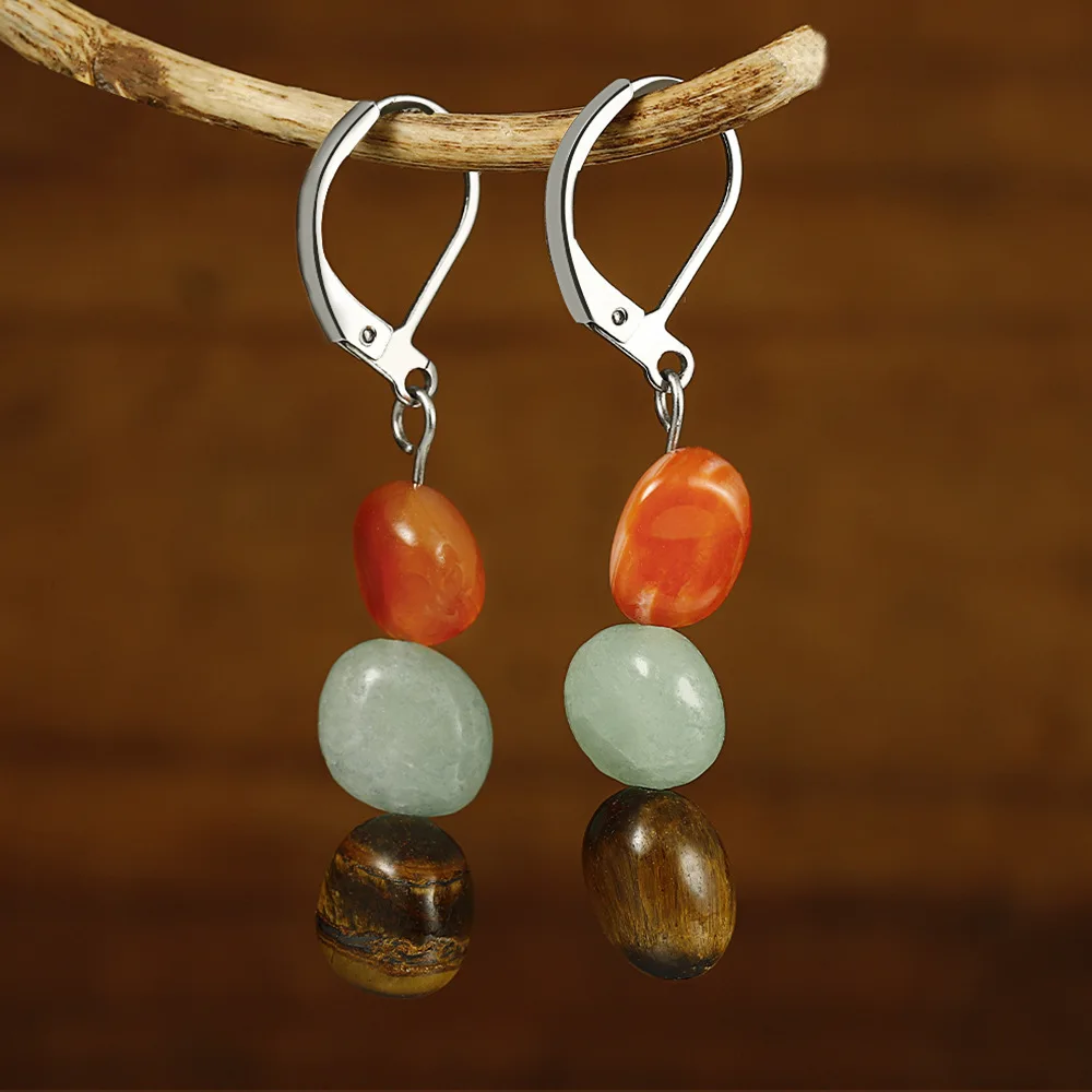 6 Pairs/lot Freeform Raw Stone Dangle Earrings Aventurine Red Agate Stainless Steel Women Earrings