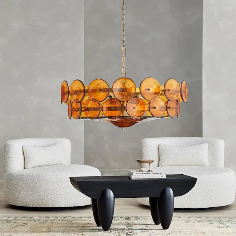 Nordic Vintage Amber Round Glass Ceiling Chandeliers Decoration Living Room Classic Modern Lamps