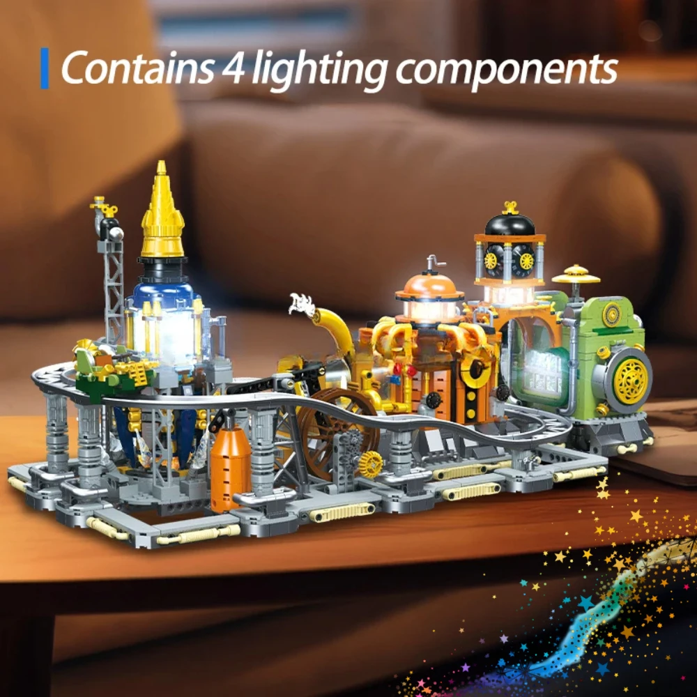 สตีมพังค์มูนเบสบล็อกอาคารชุดการบินและอวกาศโมดูลาร์สถาปัตยกรรม MOC เด็กประกอบของเล่นสำหรับเทศกาลคริสต์มาสโอกาส