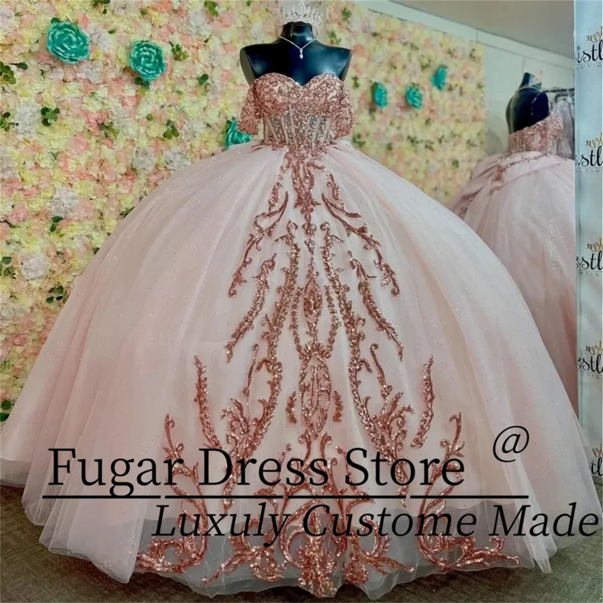 Shiny Quinceanera Dresses Blush with Rose Gold Applque Beads Sequin Vestidos De 15 Anos Off Shoulder Sweet 16 Dress Shiny Quinceanera Dresses Blush with Rose Gold Applque Beads Sequin Vestidos De 15 Anos Off Shoulder Sweet 16 Dress