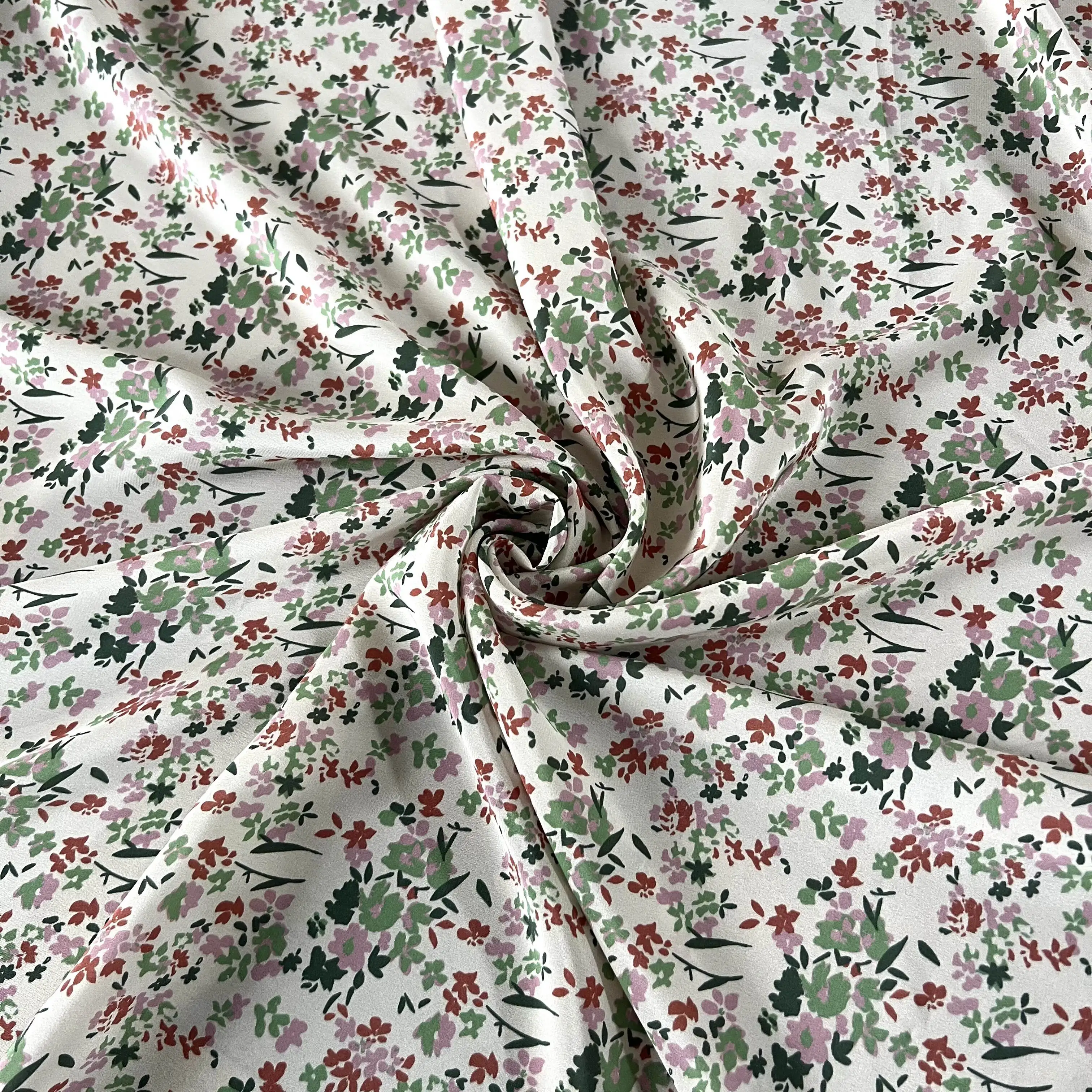 

1 meter 100% Mulberry Silk 18 momme Crepe Silk Fabric White with Green Small Flowers Printed 140cm 55" wide by the yard XX359
