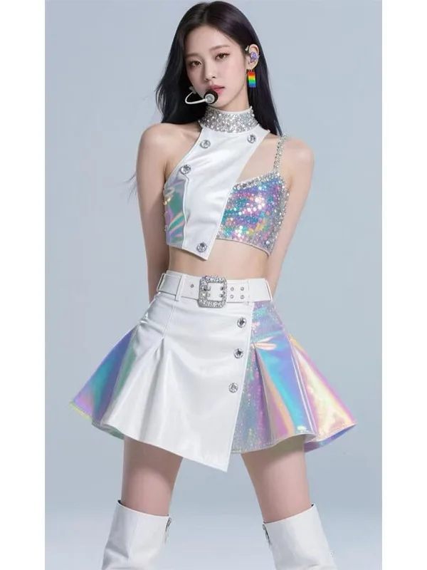 White Spliced Stage Performance Suit for Women's Group Bar Gogo Dance Team with times Performance Commercial Show Outfit