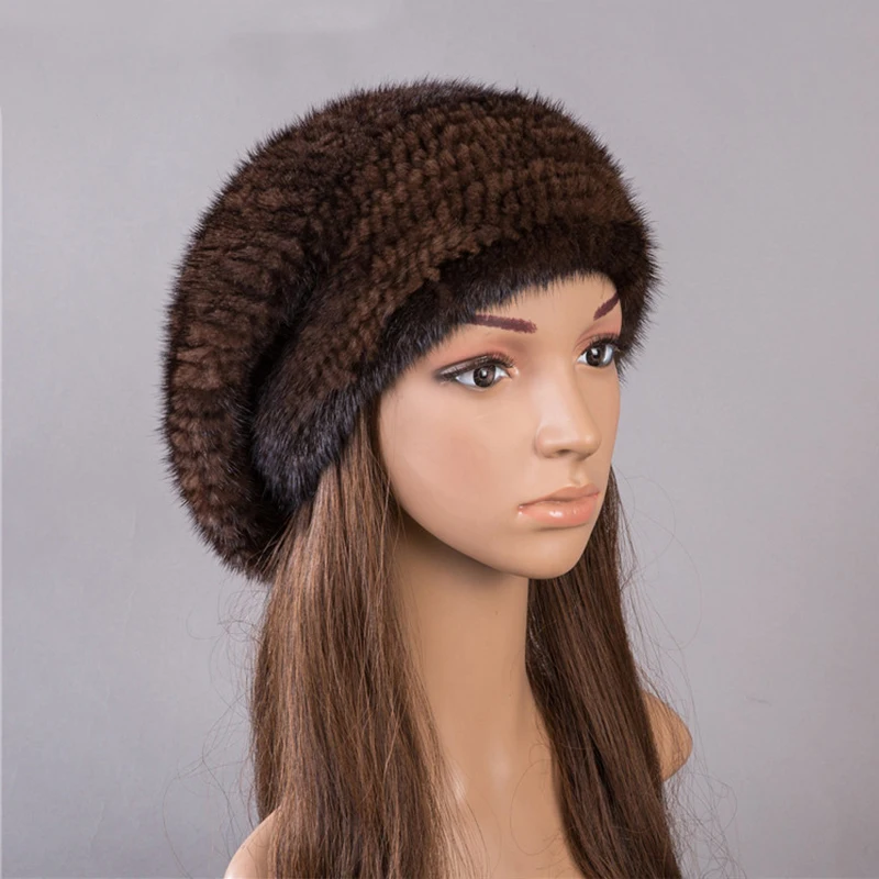 Brand Winter Warm Soft Real Fur Knitted Beret Caps Women Natural Mink Fur Striped Hats Lady Real Rex Rabbit Fur Beanies Girls