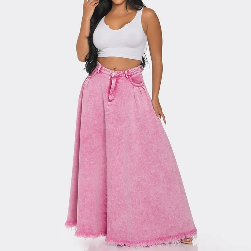 

Ruffle Long Denim Skirt Jeans Women Maxi Luxury Streetwear Washing Pleated Skirts Tassel Loose Personality Fashion Outfits Chic