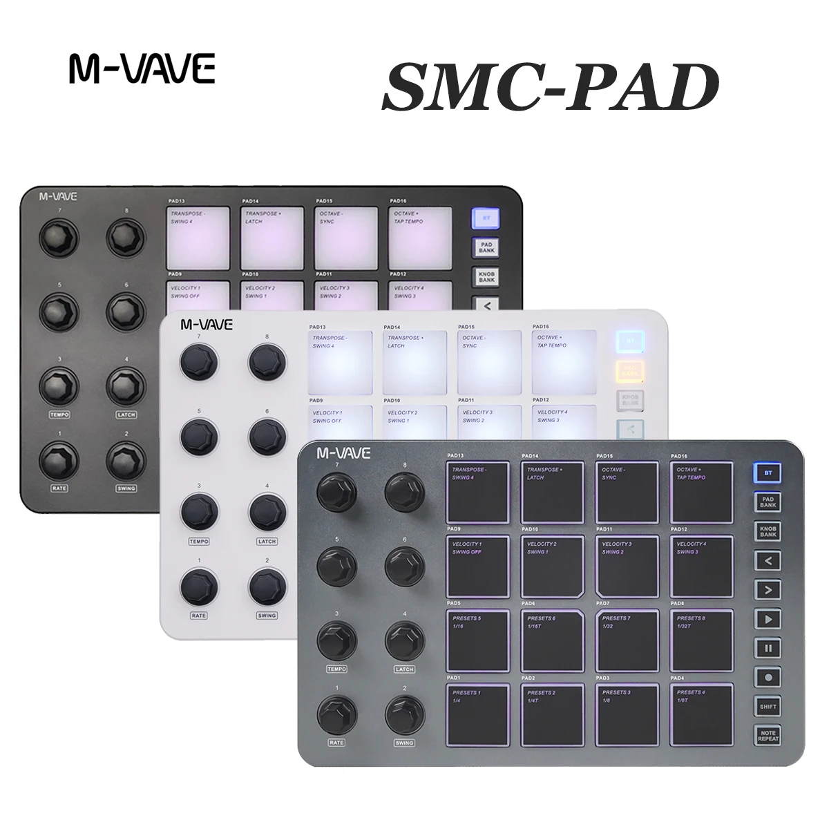 M-VAVE SMC-PAD MIDI Controller – 16 RGB Pads, 8 Knobs, 5 Buttons, Velocity/Aftertouch, Bluetooth/USB-C, 2000mAh, 3 Colors