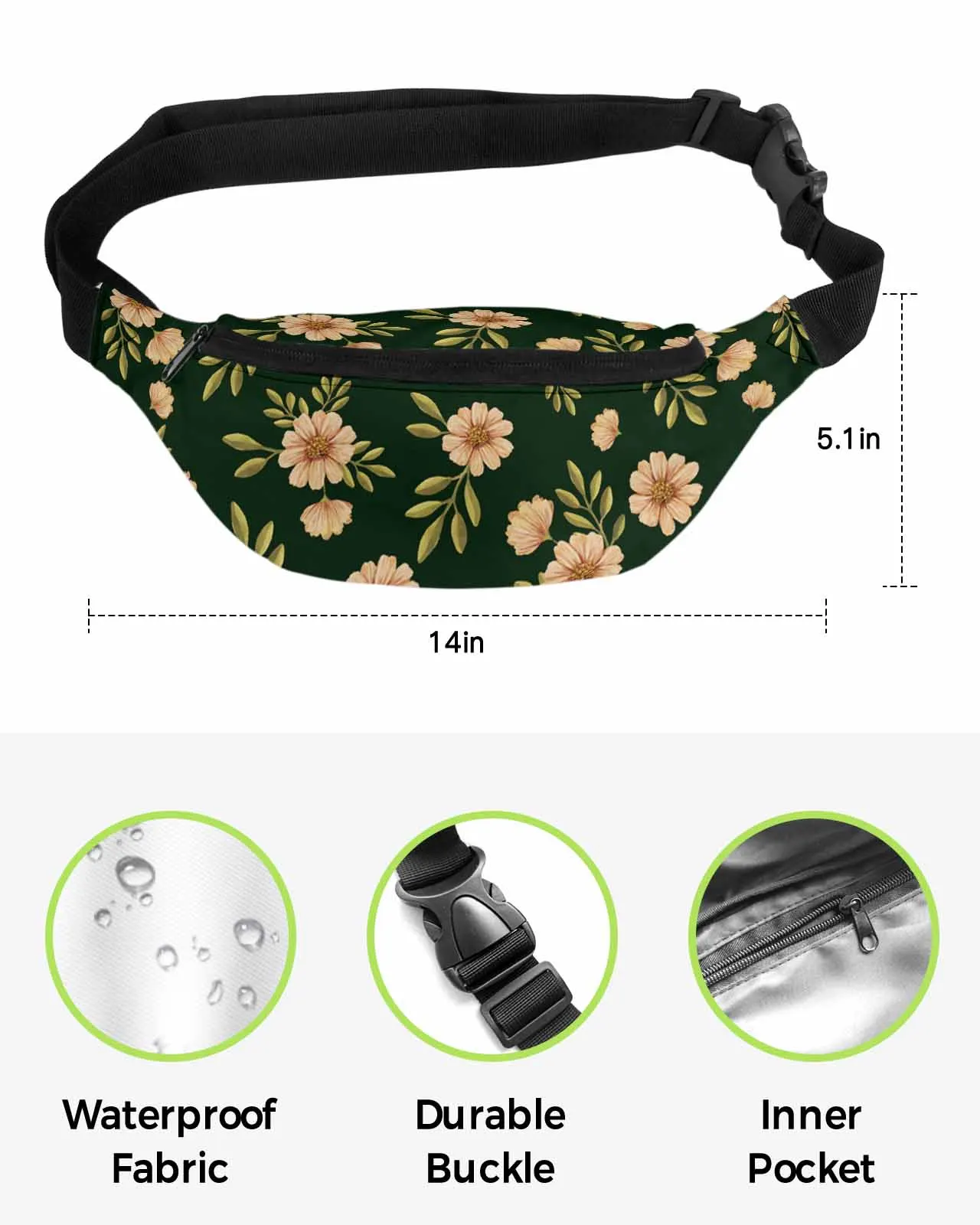 Saco de cintura impermeável para homens e mulheres, Fanny Pack, Belt Bag, Wallet Pouch, Banana Hip Bags, Watercolor Plant, Daisy Leaves, Rural