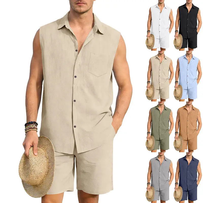 

Summer Men's Hawaiian Collar Sleeveless Shirt And Shorts Set Youth Linen Beachwear Fashion Casual Outfit Two-Piece Ensemble
